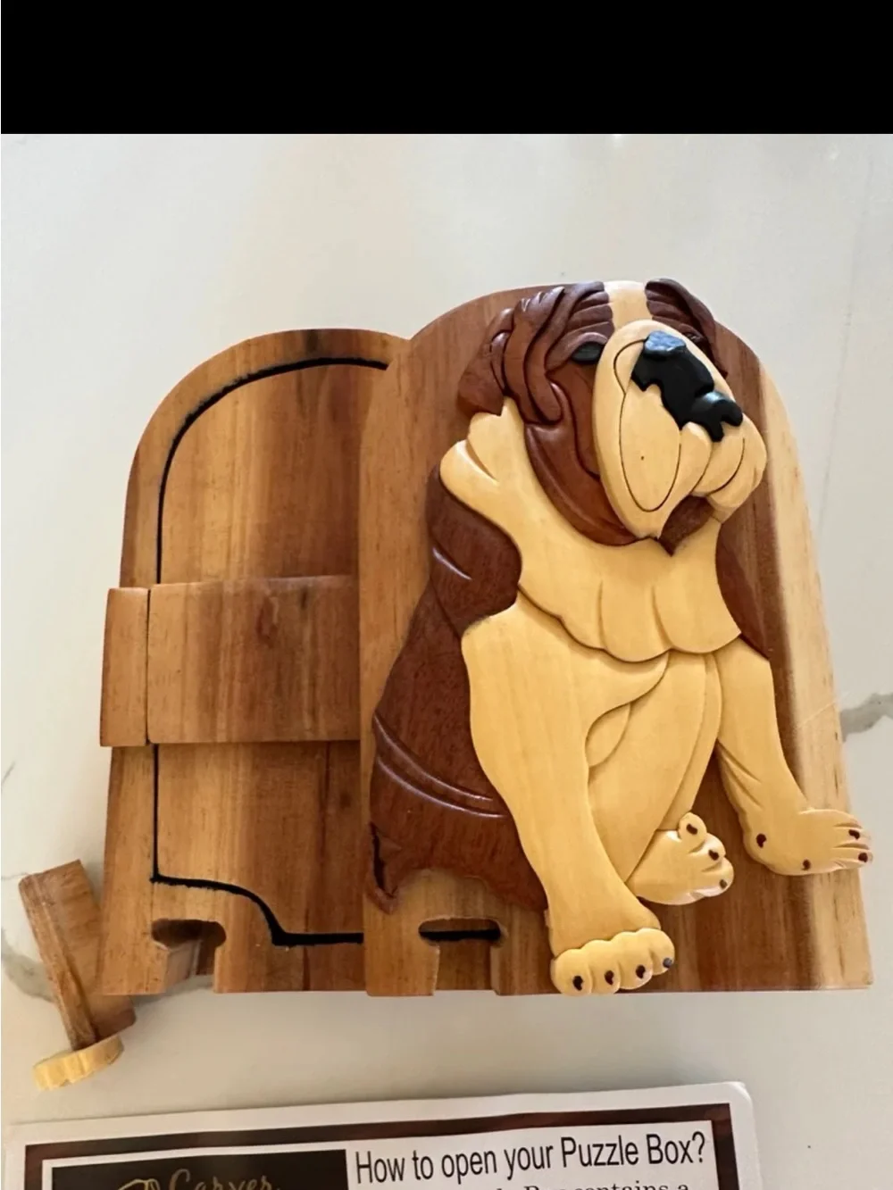 Handcrafted Wooden Dog Puzzle Box - Natural & Dark Wood
